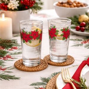 Festive Poinsettia Glass Tumblers Set of 2